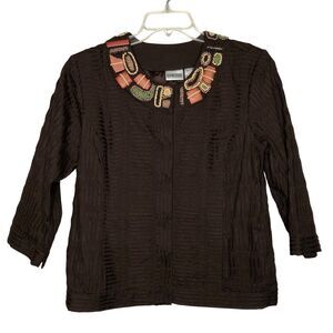 Chico’s Wms Large Brown Pin Tuck Tribal Jacket Shacket Beaded Neckline Career